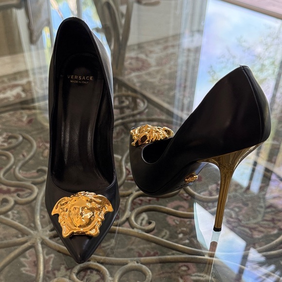 Versace Shoes - Versace 100% Authentic Black Pumps with Gold Medusa Accent